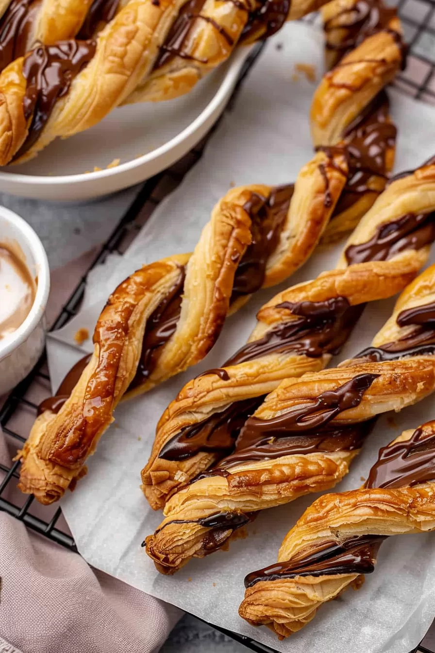 Freshly baked Nutella-filled pastry twists, glistening with a light golden glaze.