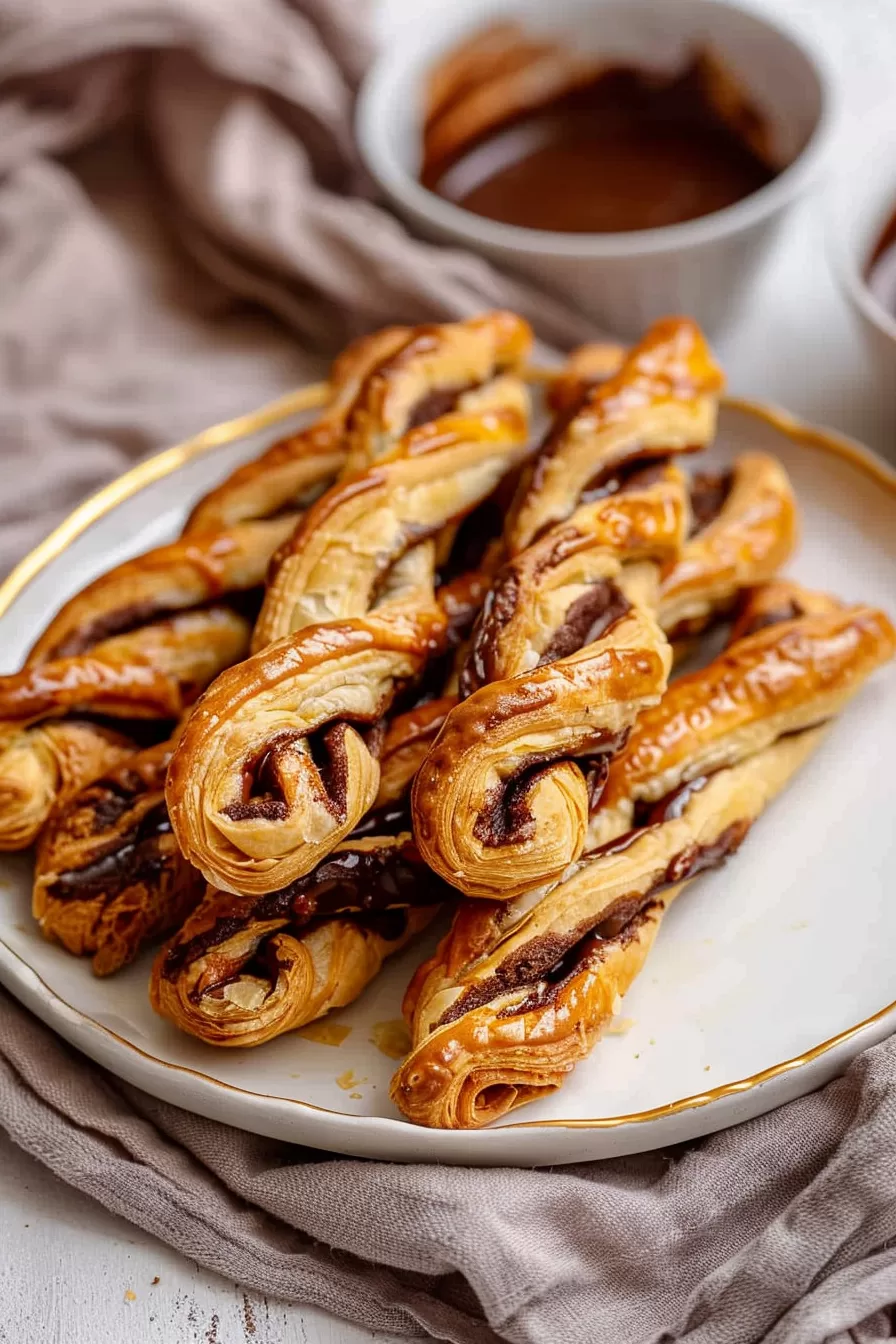 Close-up of buttery puff pastry twists coated with smooth Nutella, arranged on a parchment-lined tray.