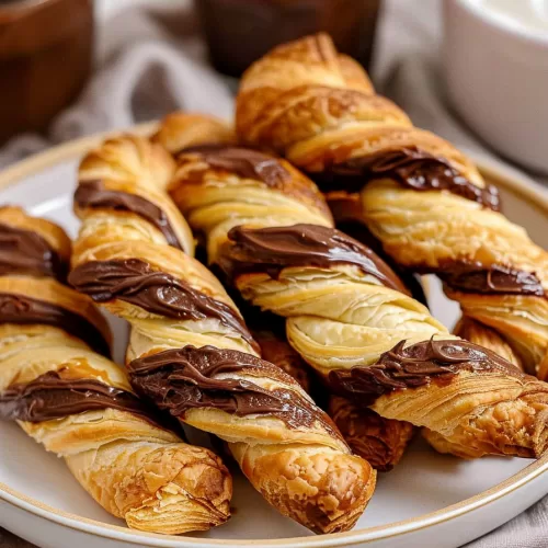 Twisted puff pastries with Nutella, perfect for a sweet snack or dessert, served alongside dipping sauces.