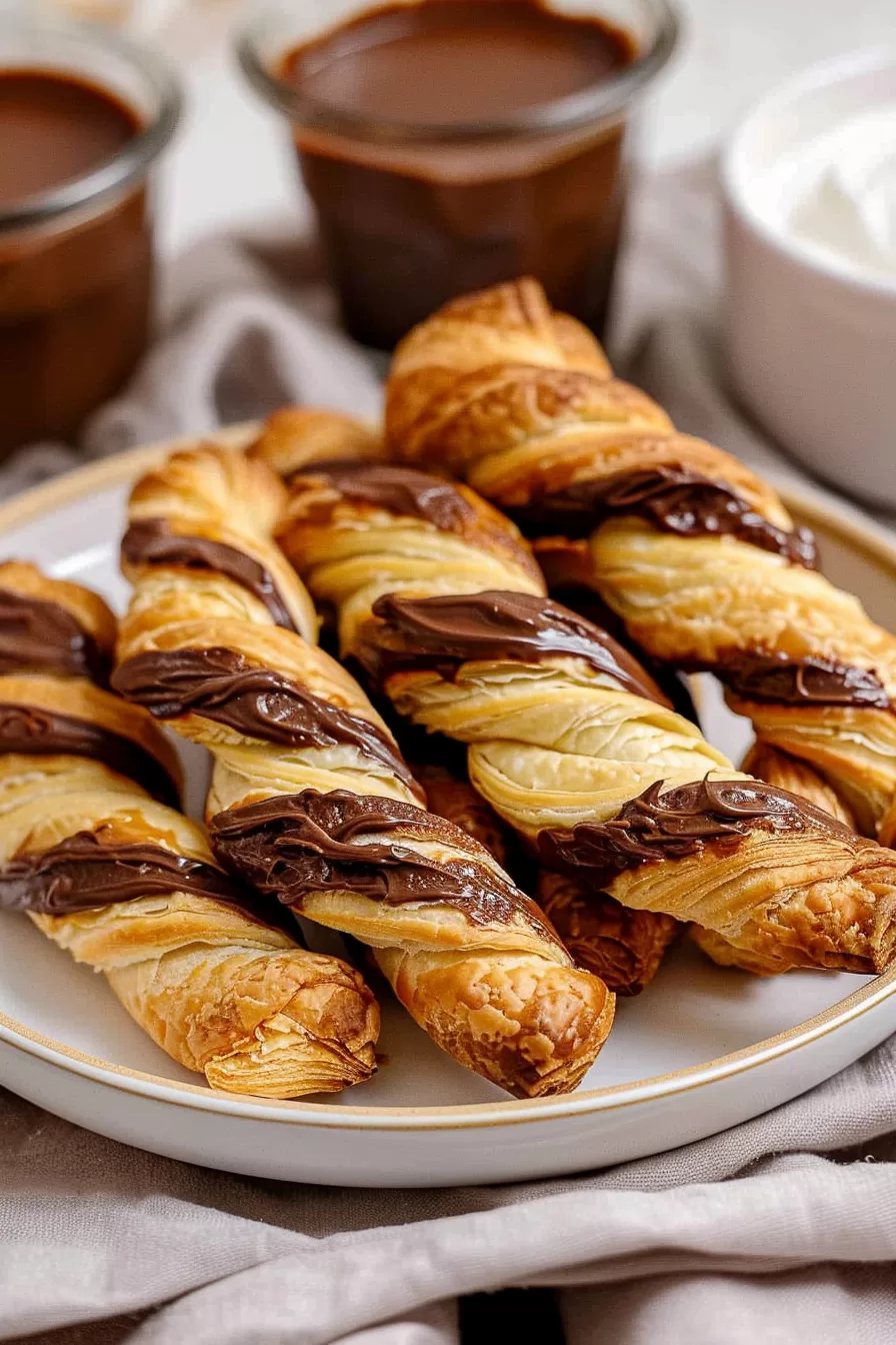 Twisted puff pastries with Nutella, perfect for a sweet snack or dessert, served alongside dipping sauces.