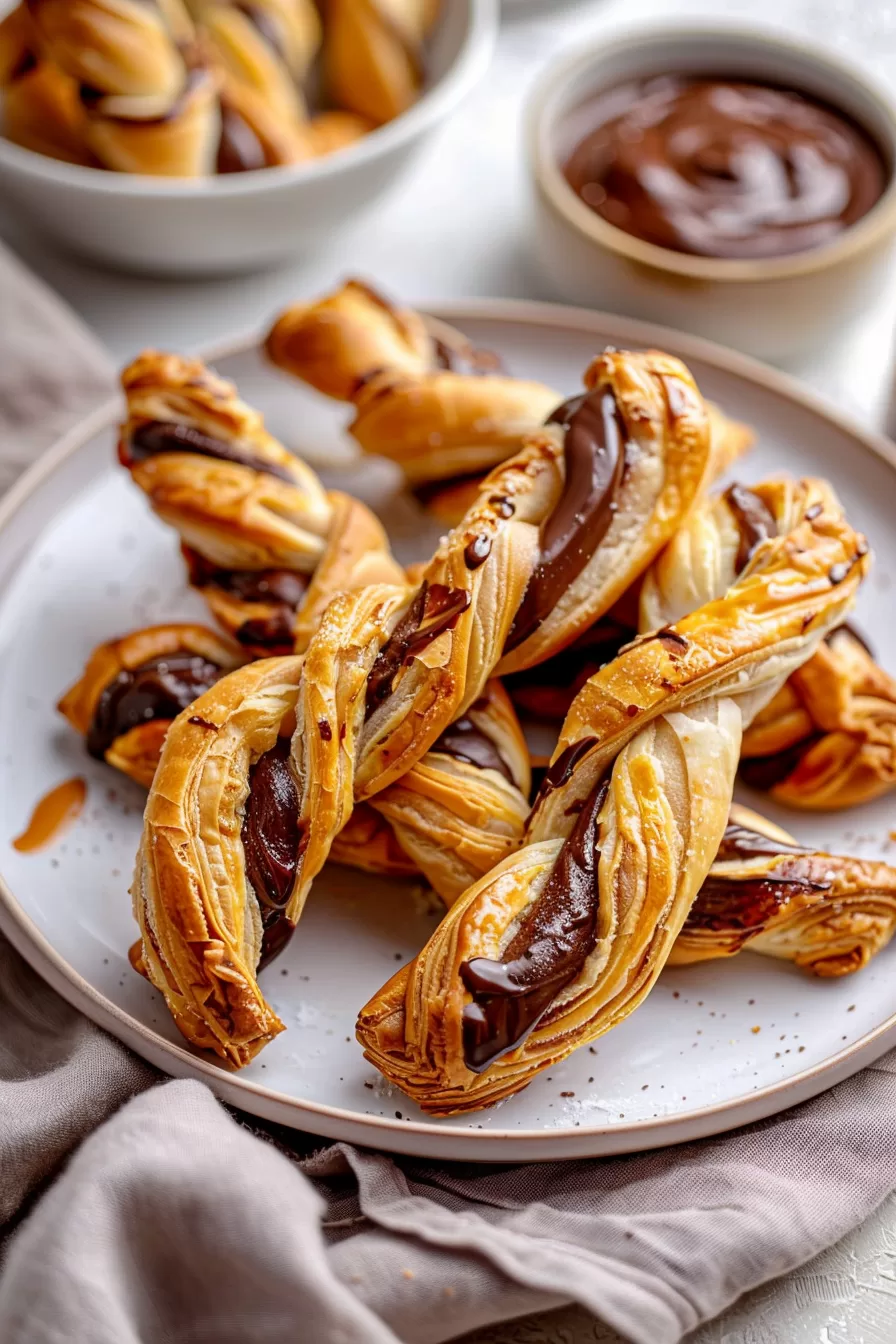 A plate of crispy Nutella puff pastry twists, ideal for sharing or enjoying as a treat.