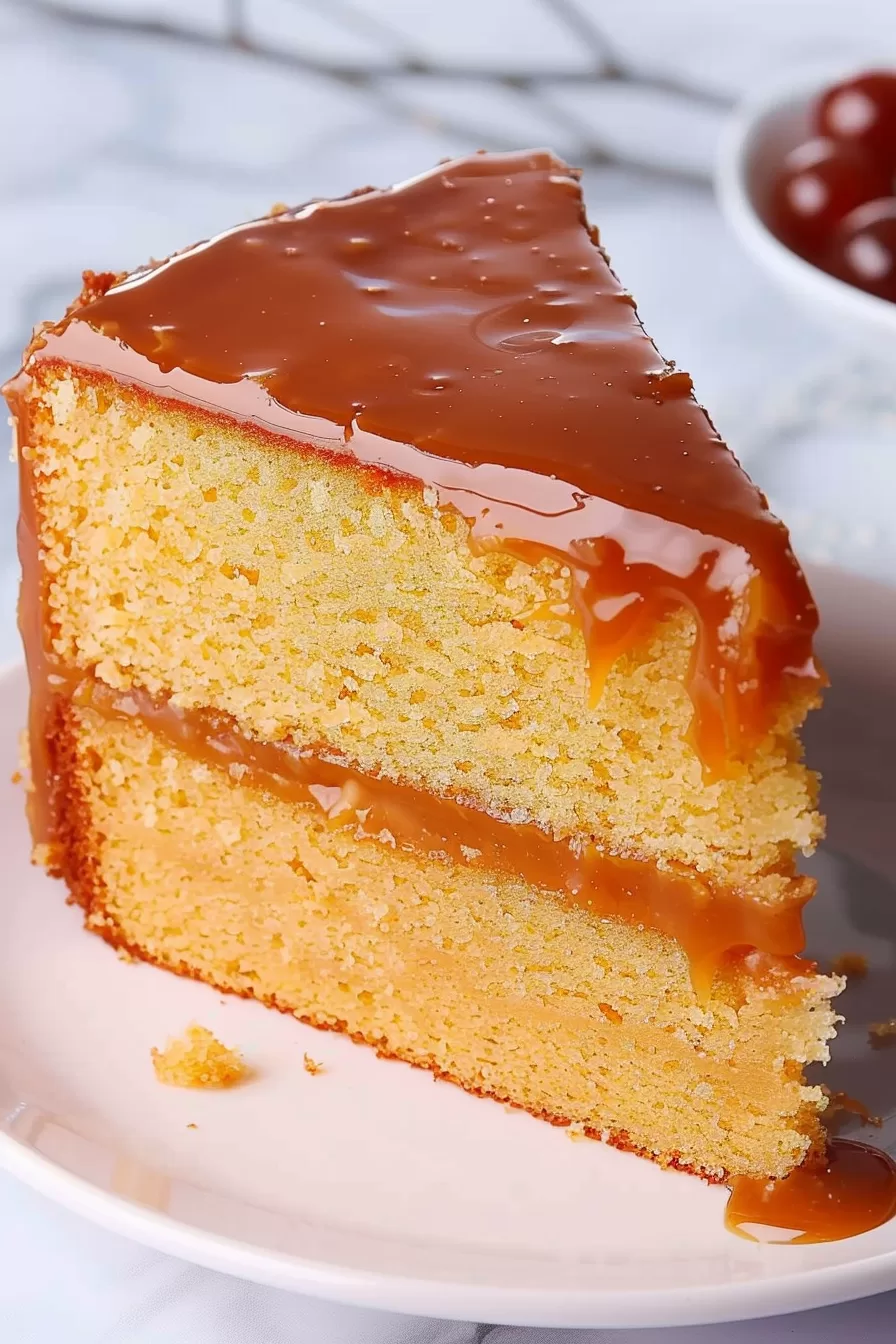 A close-up of a slice of moist caramel cake with glossy caramel glaze dripping over the edges, showcasing its fluffy layers.