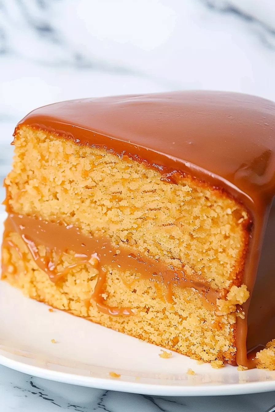 A rich caramel cake served on a white plate, with its perfectly smooth glaze reflecting the light.