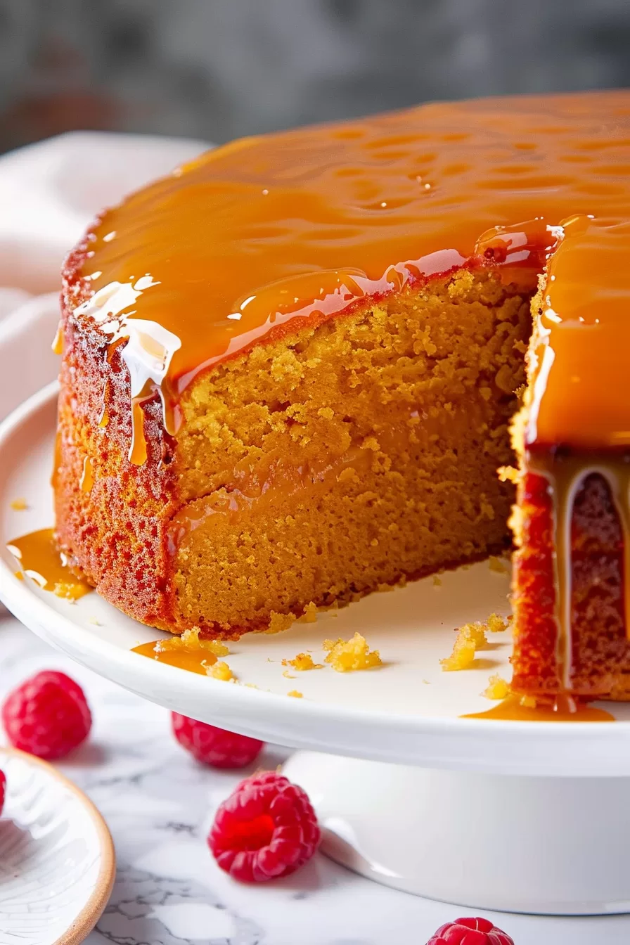 A slice of caramel cake with thick layers of caramel frosting, served alongside a few fresh raspberries for garnish.