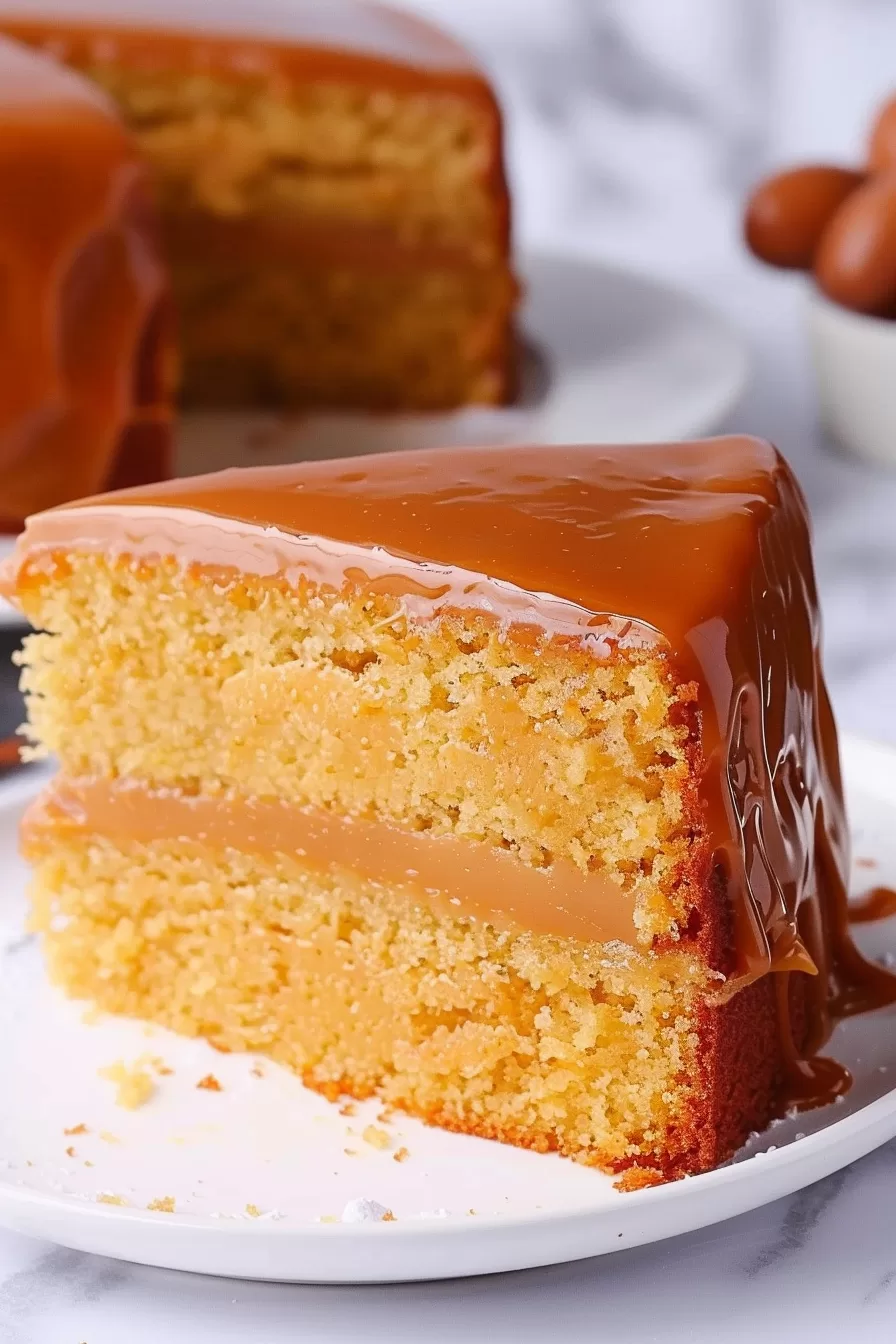 A luscious caramel cake with its top layer glistening under a rich caramel glaze, set against a clean white backdrop.