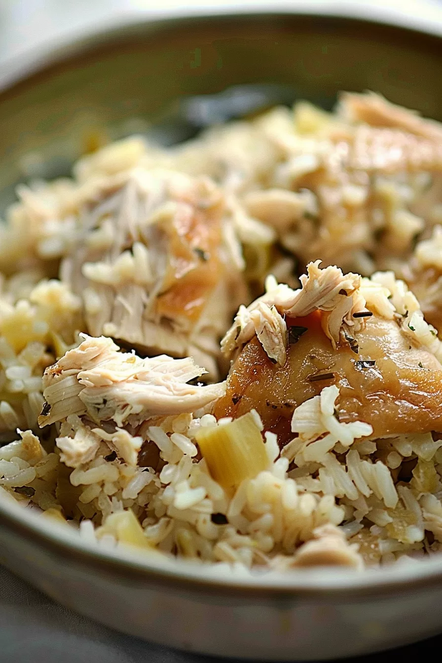 A close-up of tender, shredded chicken mixed with fluffy, seasoned rice in a bowl.