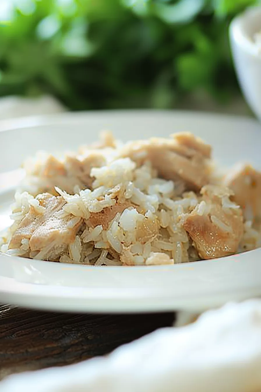 Plate of classic chicken and rice garnished with fresh herbs, ready to serve.