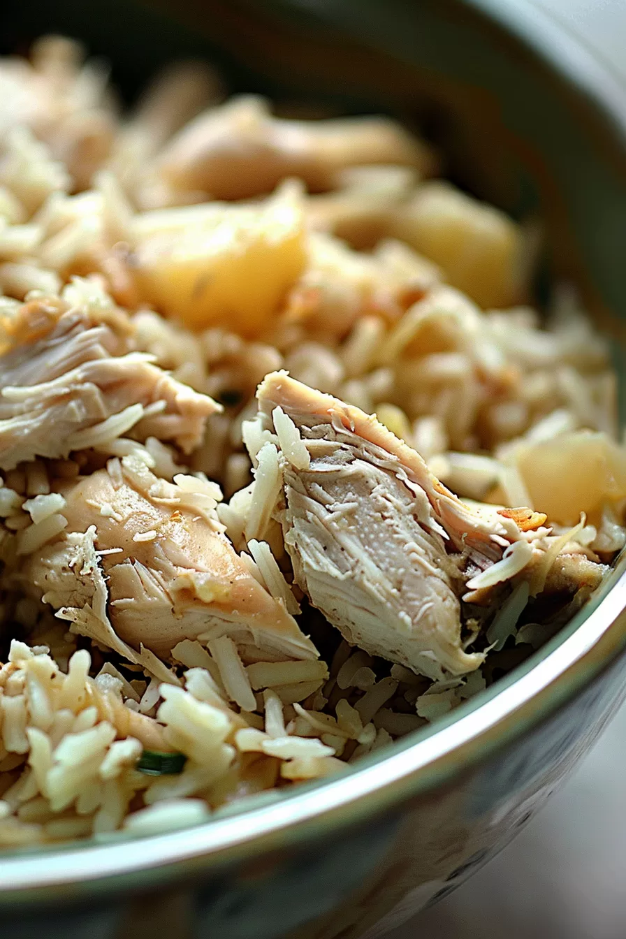 A homestyle bowl of chicken and rice with hints of celery and fresh herbs for a comforting meal.