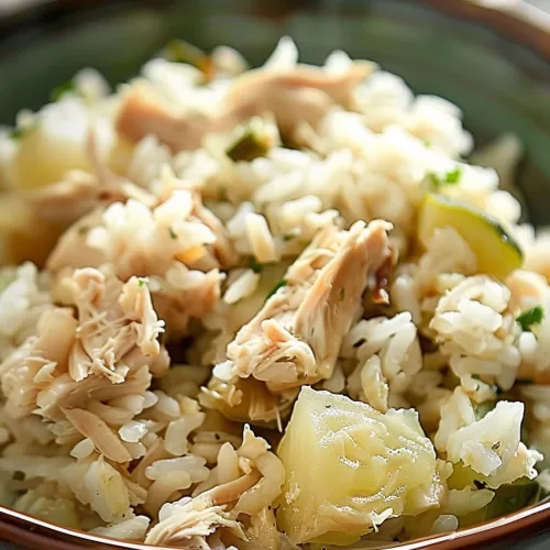 A homestyle bowl of chicken and rice with hints of celery and fresh herbs for a comforting meal.