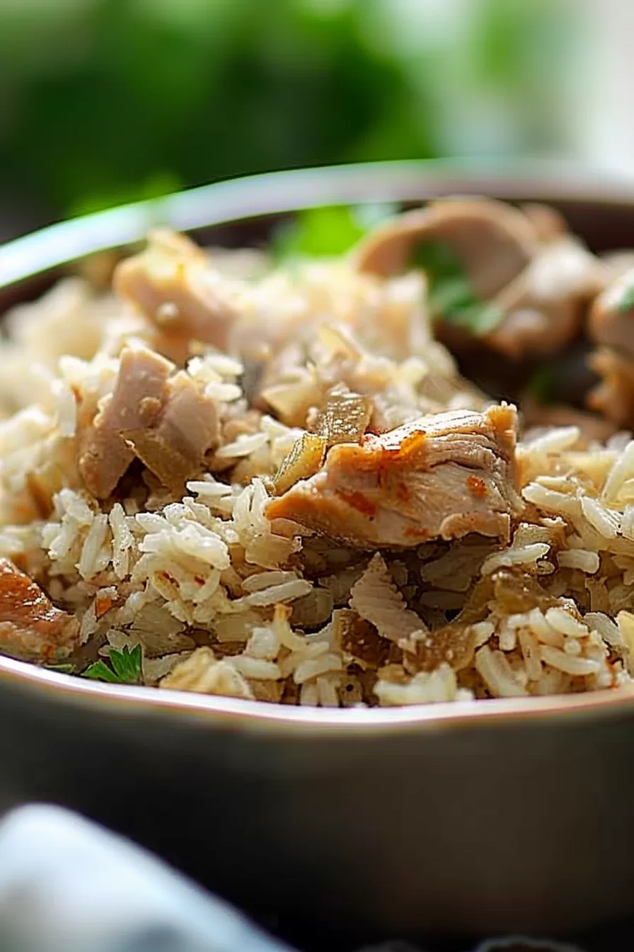 Side view of a warm serving of chicken and rice showcasing the rich texture and golden-brown chicken pieces.