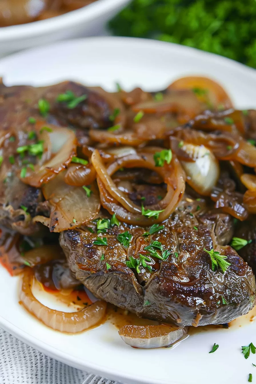 Close-up of a plate of liver and onions with rich brown gravy, garnished with finely chopped herbs.