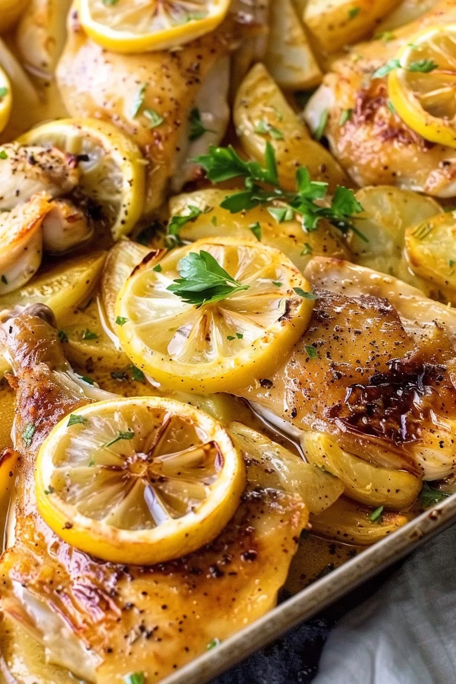 Golden roasted chicken and potatoes, garnished with fresh parsley and lemon slices in a rustic pan.