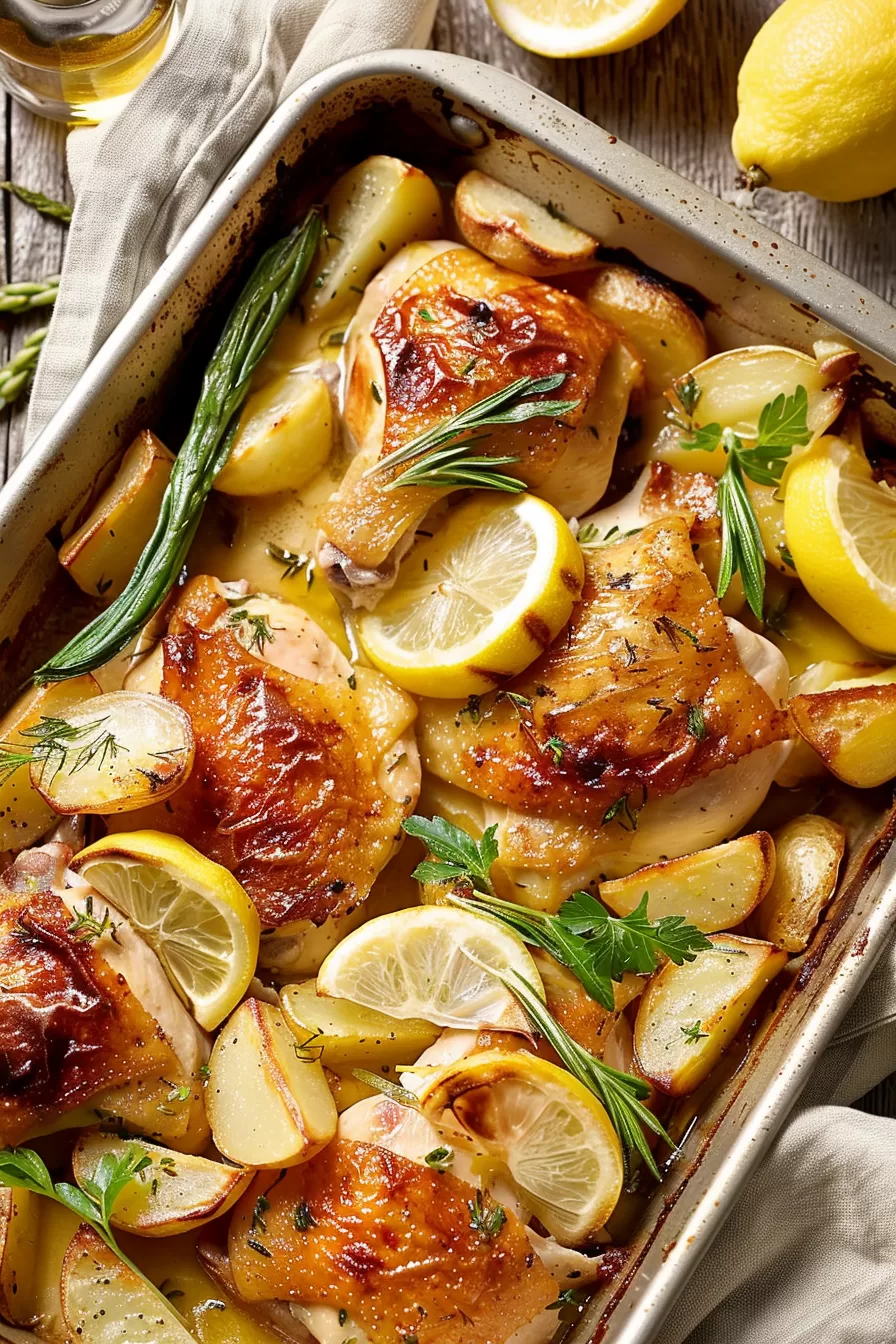 A hearty one-pan meal featuring tender chicken and roasted potatoes, surrounded by fresh lemon and herbs.