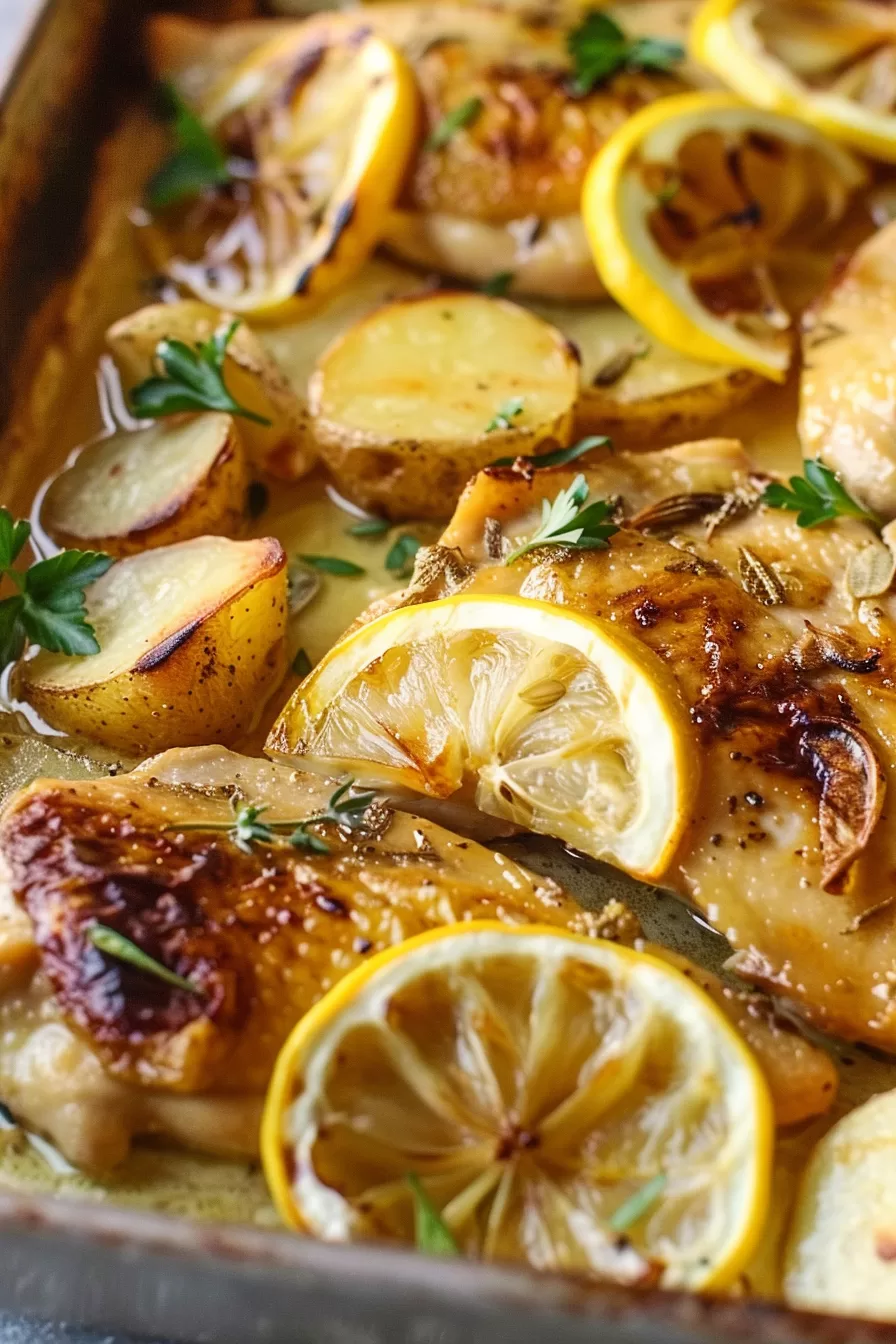 Close-up of crispy chicken thighs and potatoes, perfectly caramelized and seasoned with herbs.