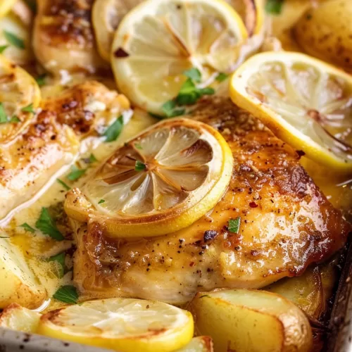 Baked chicken and potatoes with a golden finish, topped with vibrant parsley and aromatic rosemary.