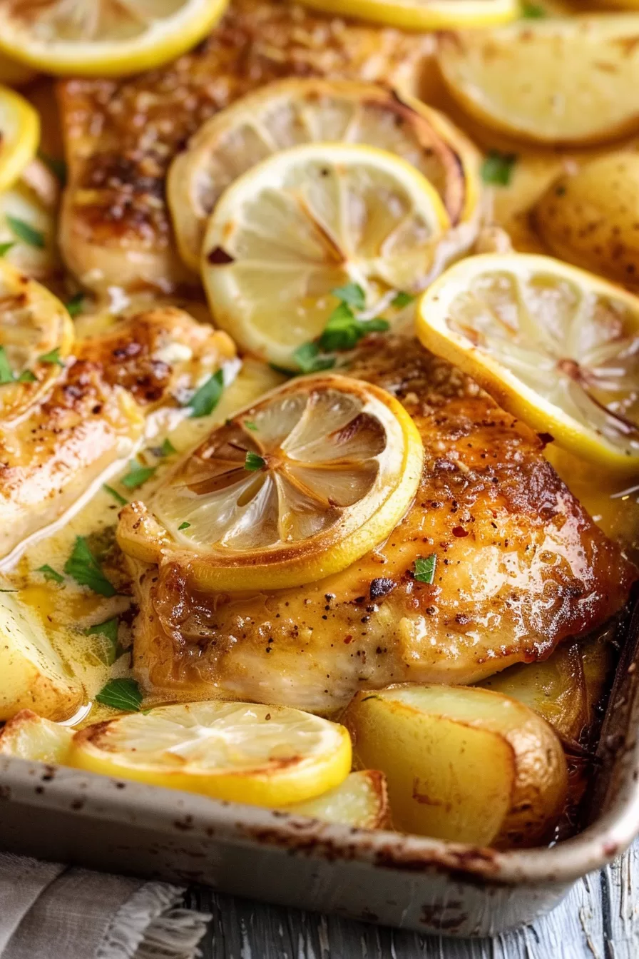 Baked chicken and potatoes with a golden finish, topped with vibrant parsley and aromatic rosemary.