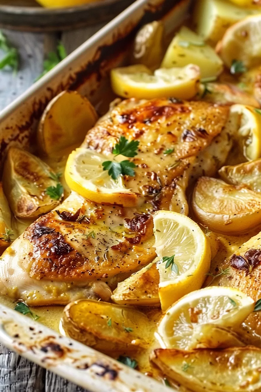 Savory chicken and potatoes baked with lemon slices and fresh herbs, served straight from the oven.