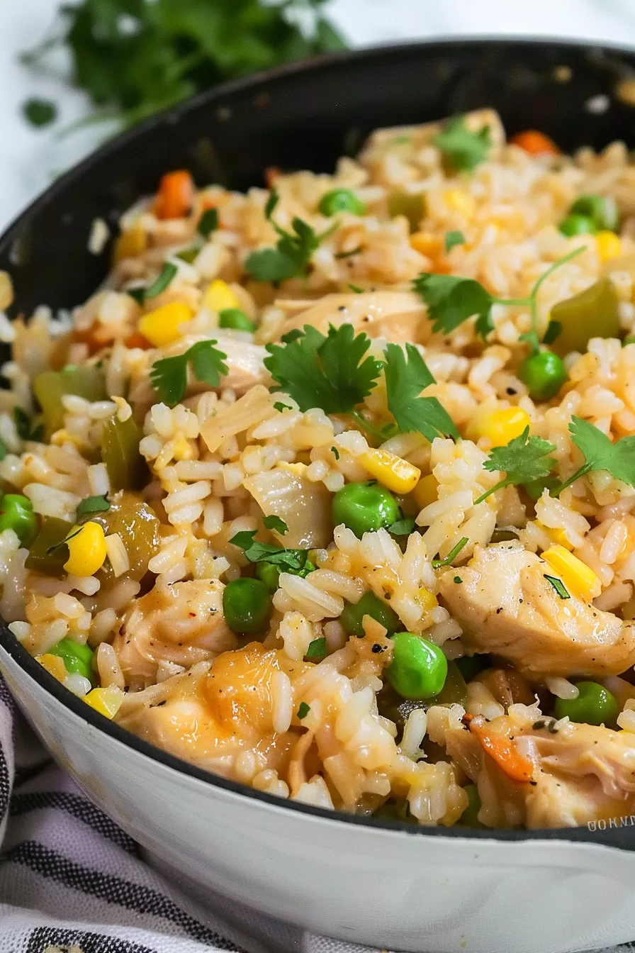 A close-up of a skillet filled with chicken and rice, loaded with peas, corn, and herbs, showing the vibrant mix of ingredients.