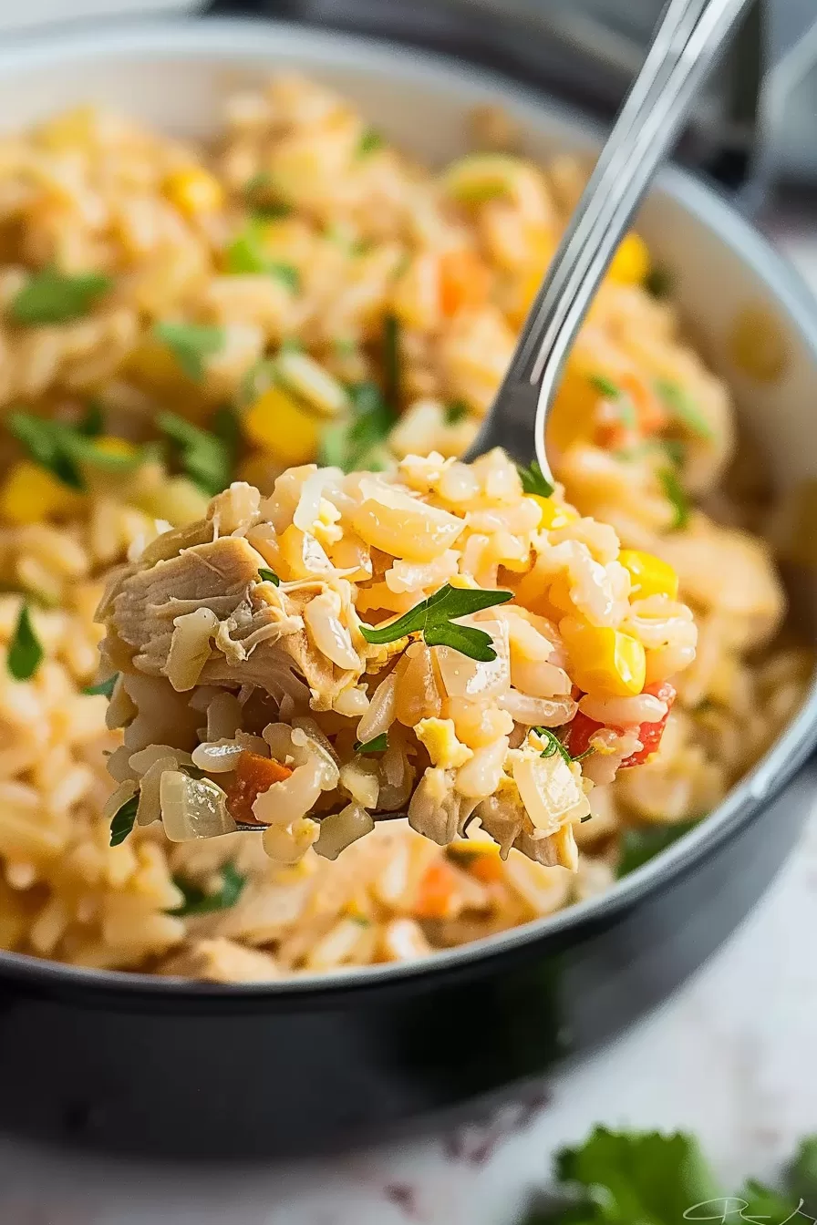 A spoonful of chicken and rice scooped from a pot, highlighting tender chicken pieces, fluffy rice, and colorful vegetables.