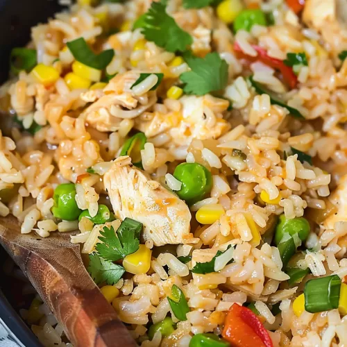 A forkful of chicken and rice lifted from the dish, focusing on the texture of the rice, tender chicken, and bright veggies.