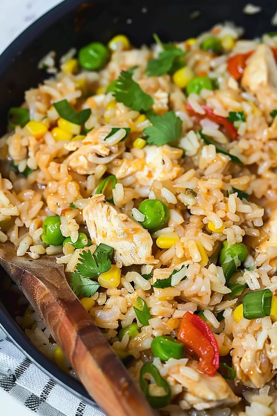 A forkful of chicken and rice lifted from the dish, focusing on the texture of the rice, tender chicken, and bright veggies.