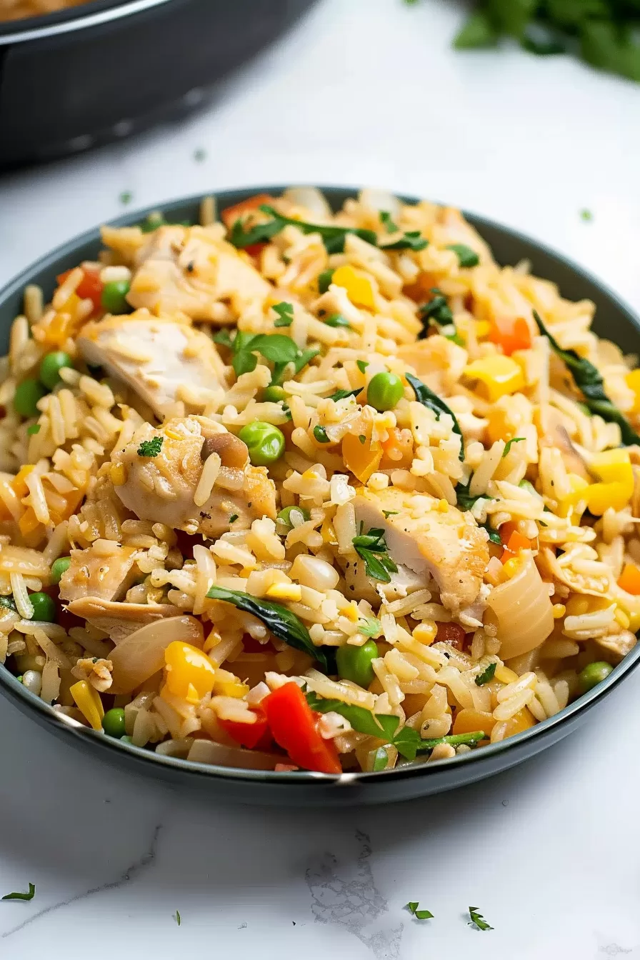 A hearty serving of one pot chicken and rice in a black bowl, garnished with fresh cilantro and perfectly cooked peas.