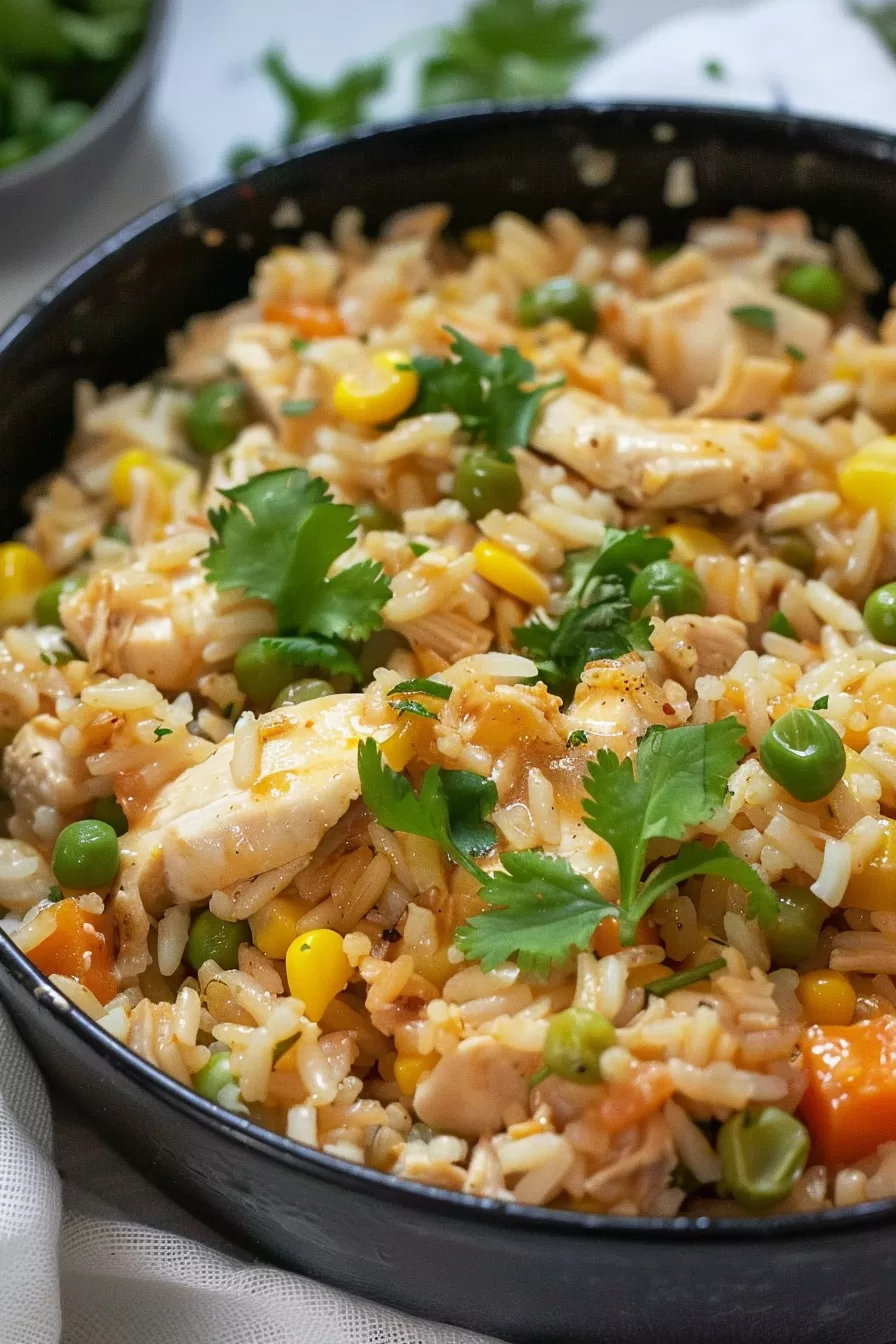 A pot of chicken and rice freshly cooked, with steam rising and herbs sprinkled on top for a comforting homemade meal feel.