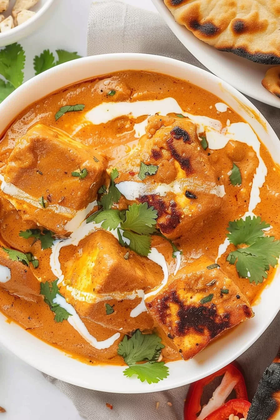 A bowl filled with paneer cooked in a smooth, spiced gravy, finished with a swirl of cream and fresh herbs.