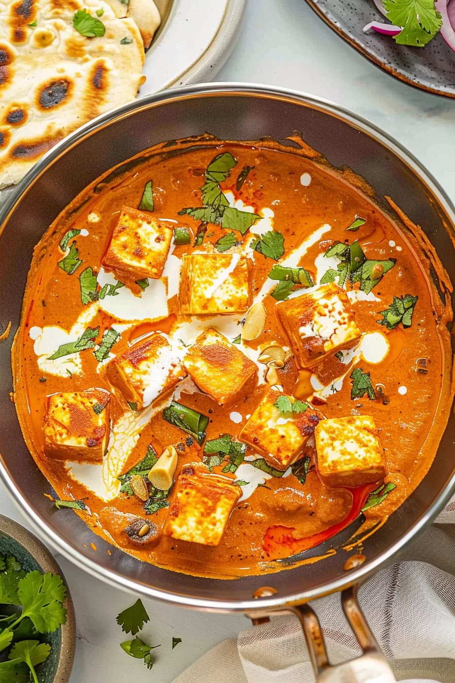 Pan-seared paneer cubes simmering in a vibrant, orange curry sauce with herbs and cashews.