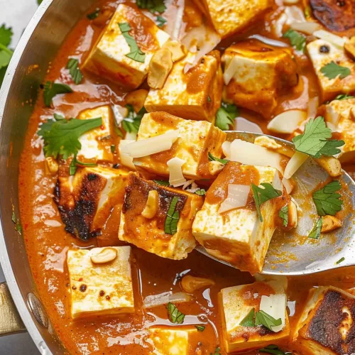 A close-up of golden paneer cubes coated in a rich, creamy tomato sauce, garnished with fresh cilantro and a drizzle of cream.