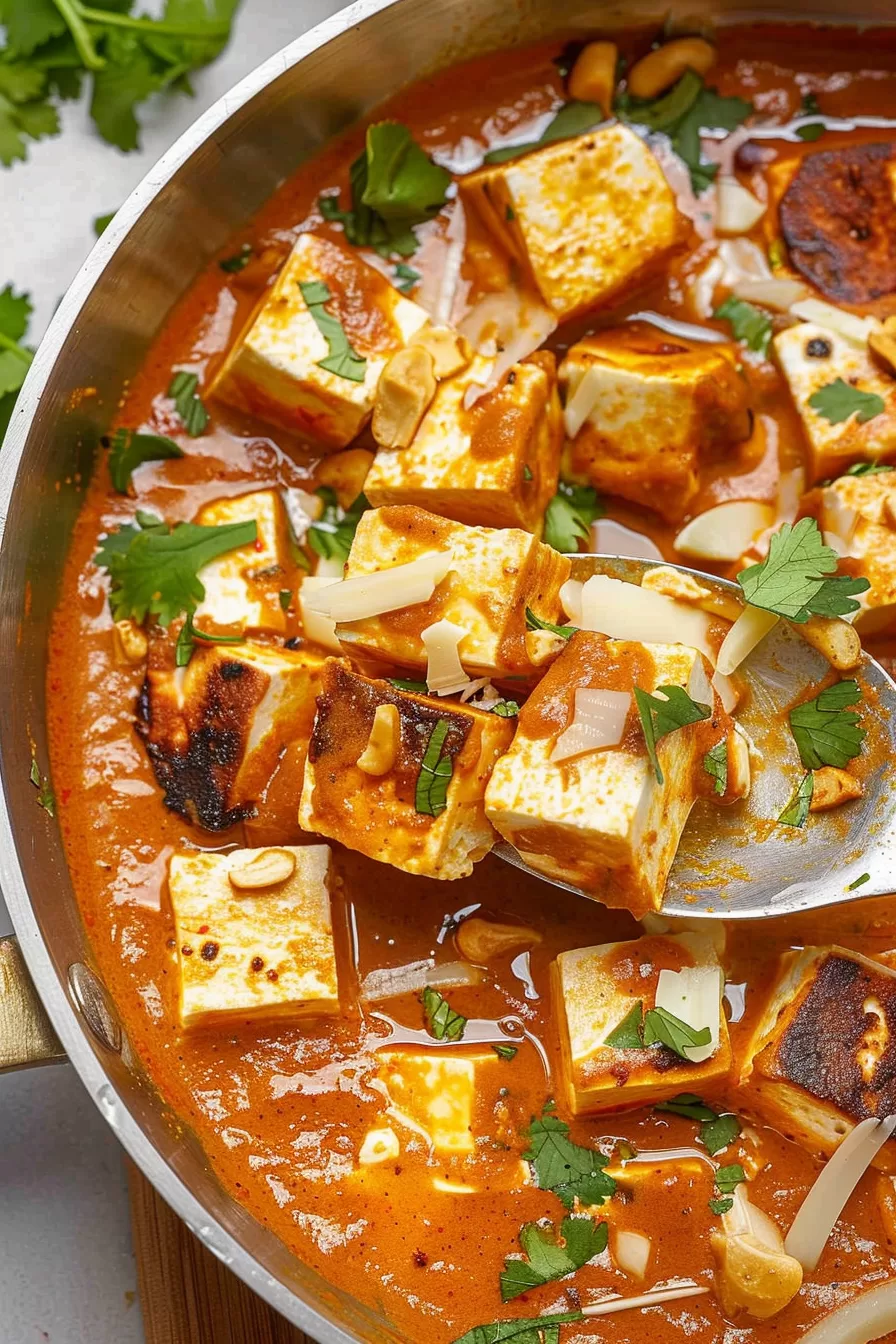 A close-up of golden paneer cubes coated in a rich, creamy tomato sauce, garnished with fresh cilantro and a drizzle of cream.