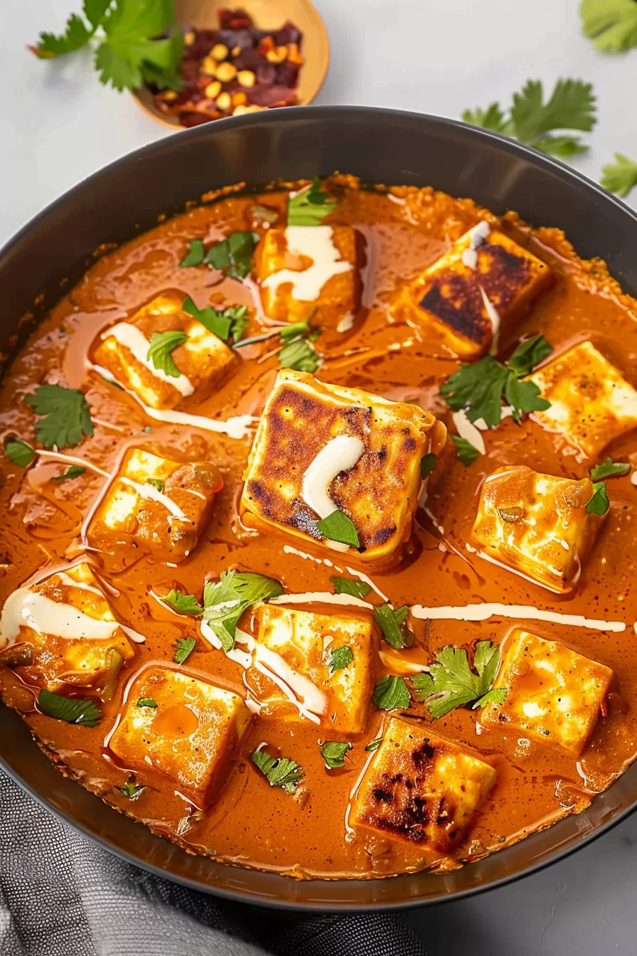 A skillet of paneer in a silky tomato-based sauce, topped with cilantro leaves and roasted nuts for garnish.