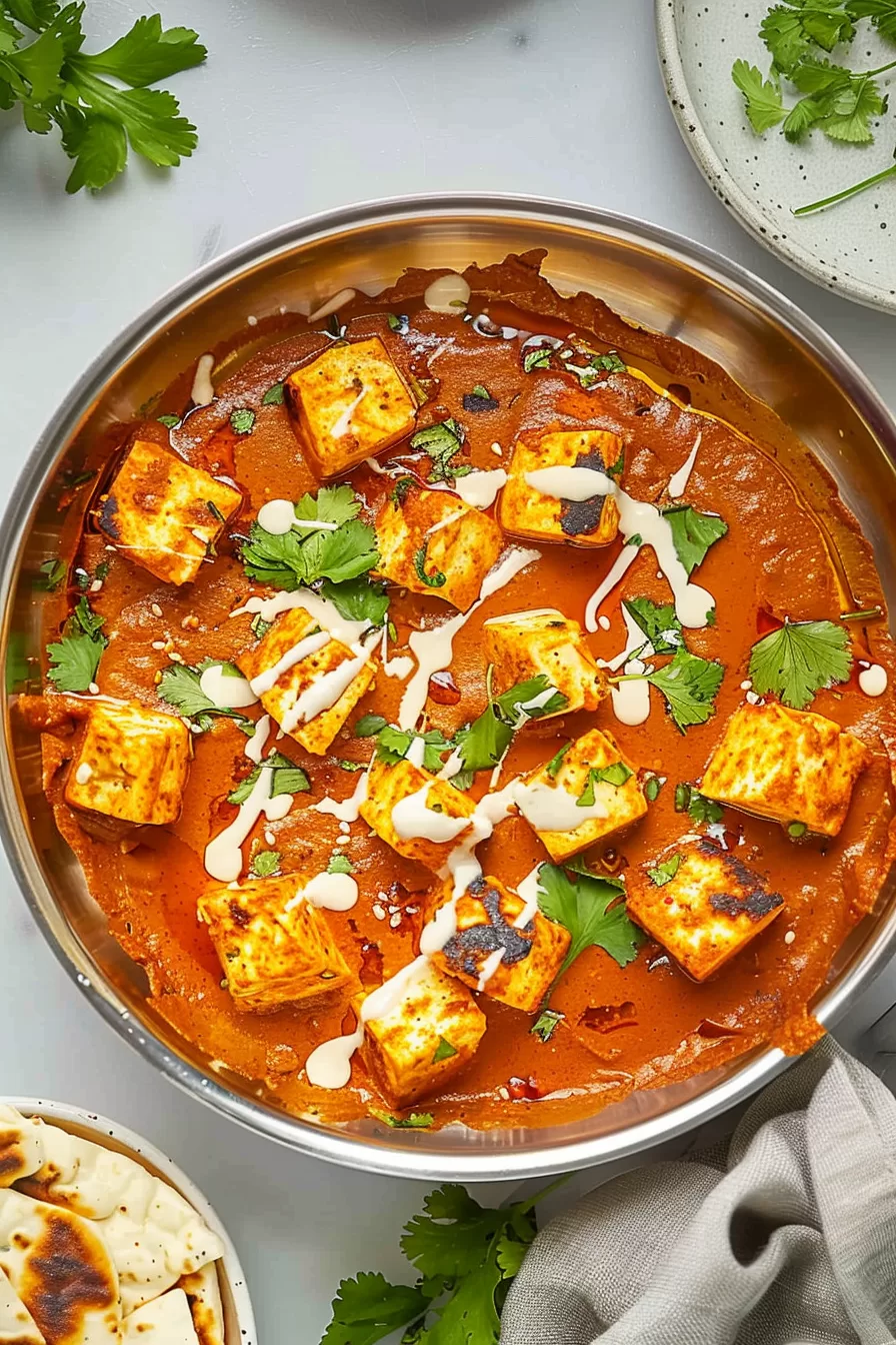 Crispy paneer cubes bathed in a velvety sauce, served with naan bread on the side for dipping.