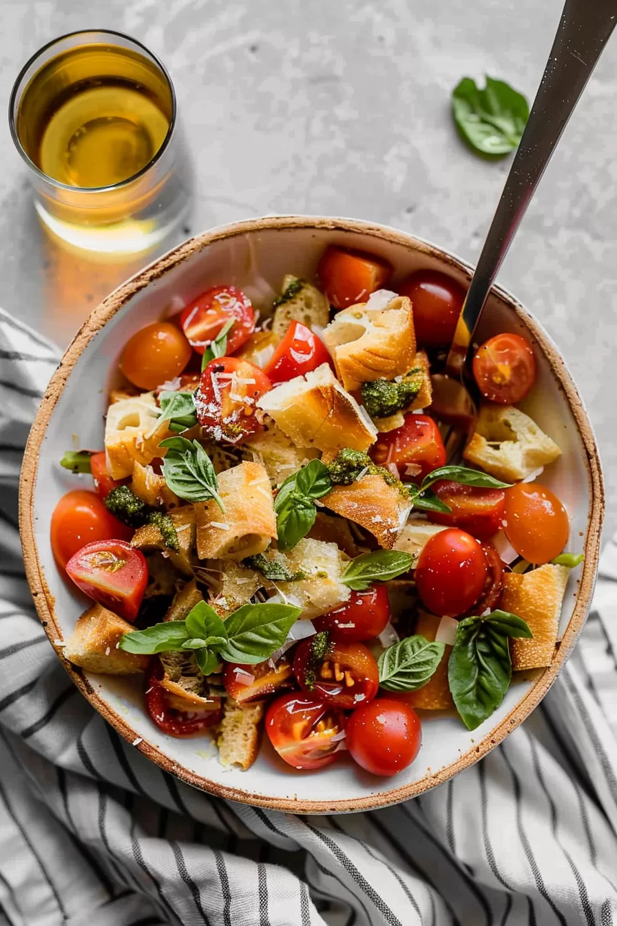 Close-up of a rustic bread salad with cherry tomatoes, torn baguette pieces, fresh basil leaves, and pesto drizzle served in a ceramic bowl.