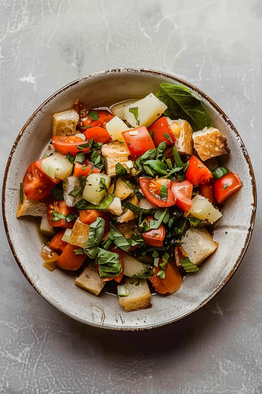 Top-down view of a fresh Panzanella salad with crusty bread cubes, chopped tomatoes, basil, and shaved parmesan cheese in a stoneware dish.