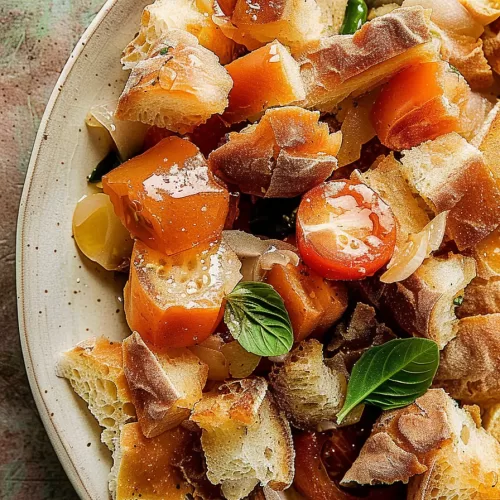 Vibrant Panzanella salad featuring crusty bread, red cherry tomatoes, green olives, and basil leaves, tossed with vinaigrette.