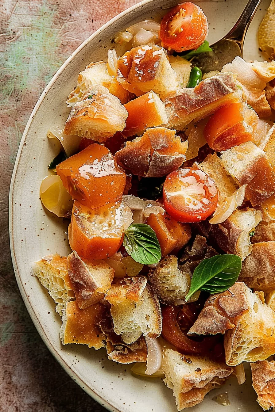 Vibrant Panzanella salad featuring crusty bread, red cherry tomatoes, green olives, and basil leaves, tossed with vinaigrette.