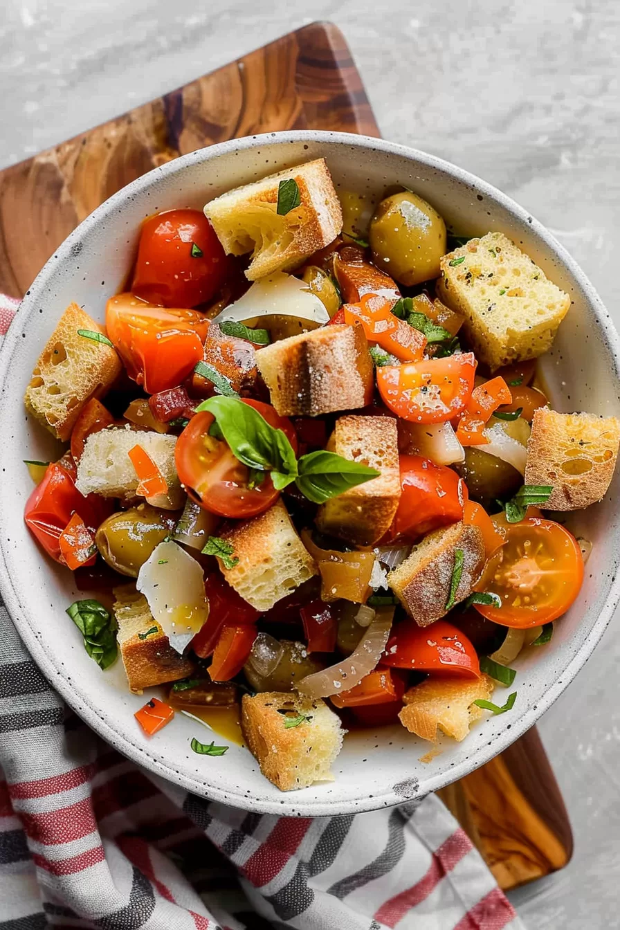 A bowl of Italian bread salad with cherry tomatoes, crusty bread cubes, basil, and a light drizzle of olive oil on a striped linen napkin.