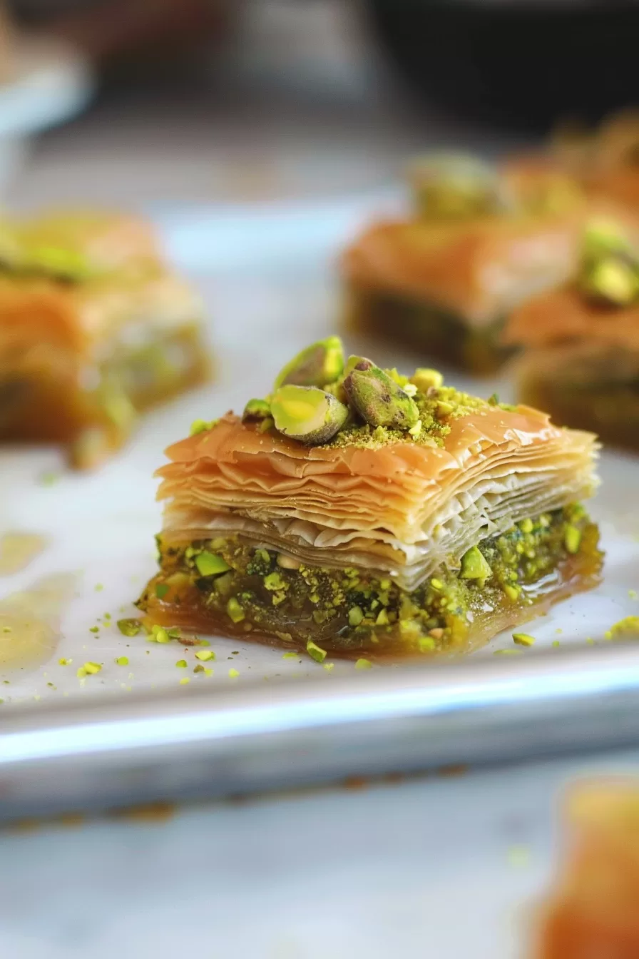 A plated pistachio baklava piece with visible honey syrup pooling around the base, topped with crushed and whole pistachios.