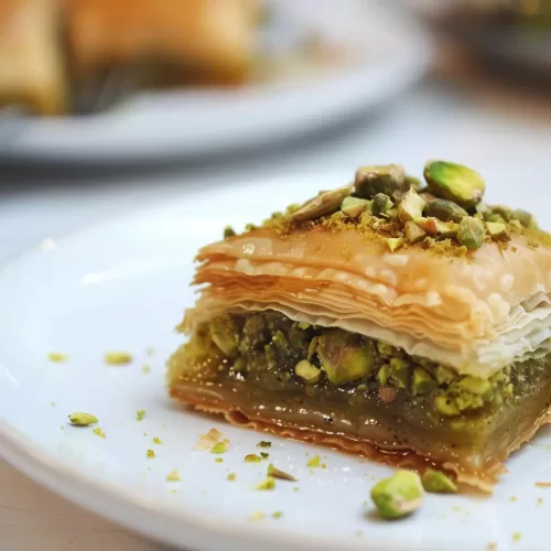 A single serving of pistachio baklava with multiple delicate phyllo layers, glistening with syrup and garnished with chopped pistachios.