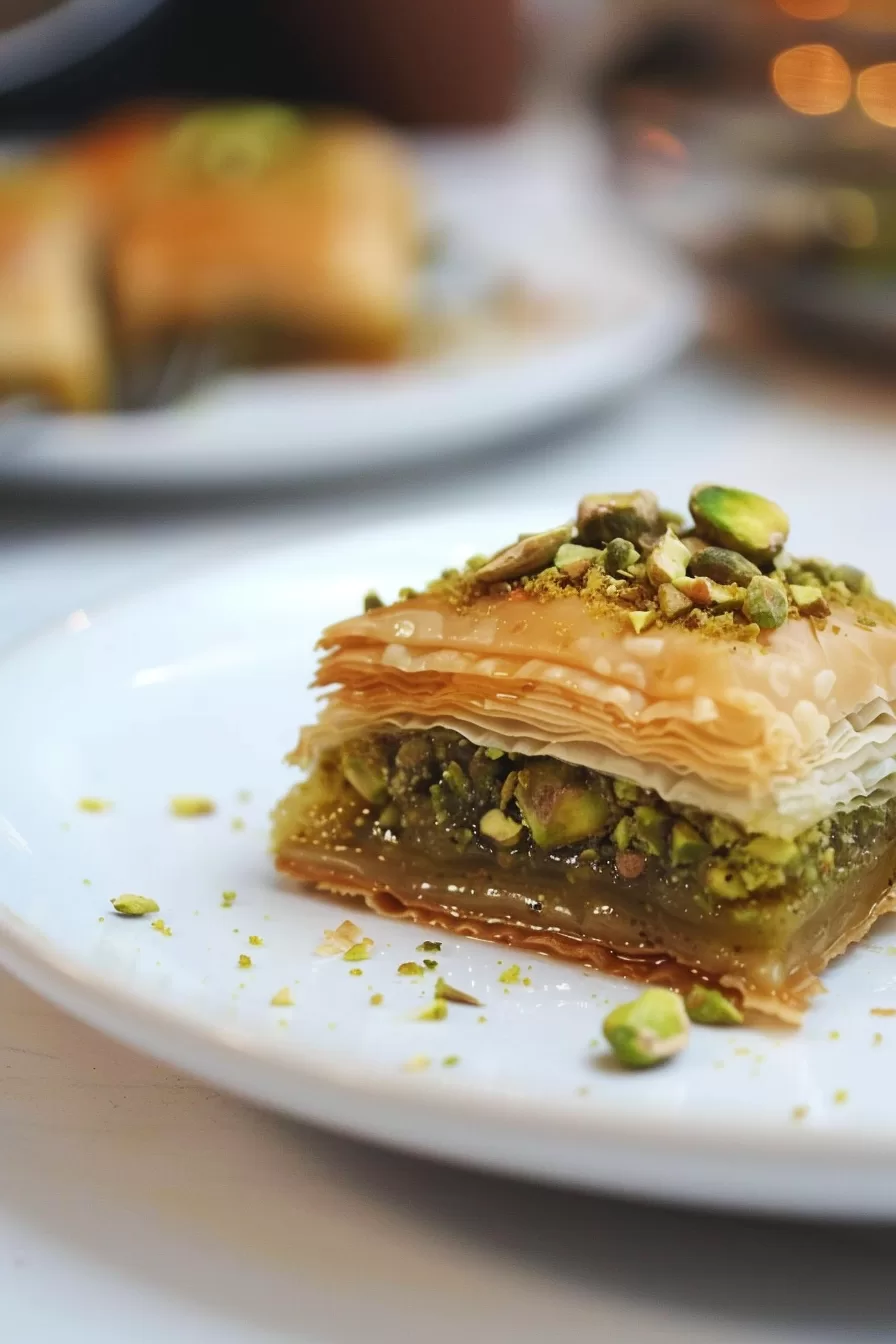 A single serving of pistachio baklava with multiple delicate phyllo layers, glistening with syrup and garnished with chopped pistachios.