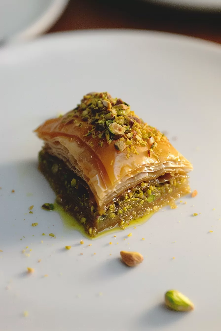 A beautifully layered baklava square with a pistachio filling, drizzled in syrup and topped with crushed pistachios, served on a white plate.