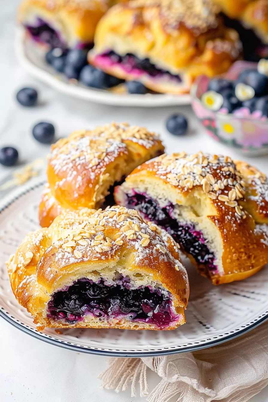 Golden Polish blueberry buns with a glossy crust, sprinkled with oats and powdered sugar, showcasing a juicy blueberry filling on a plate.