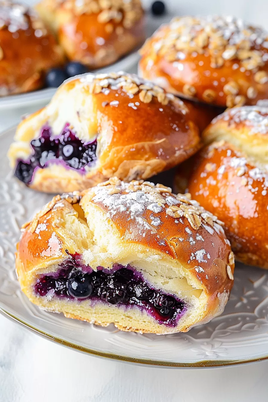 A plate of traditional Polish blueberry pastries with a golden brown finish, topped with oats and served with fresh blueberries in the background.