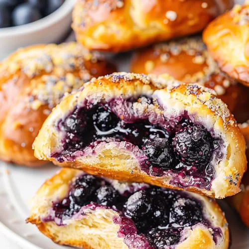 Soft Polish sweet rolls with a bursting blueberry center, cut open to display the vibrant filling, dusted with powdered sugar and oats.