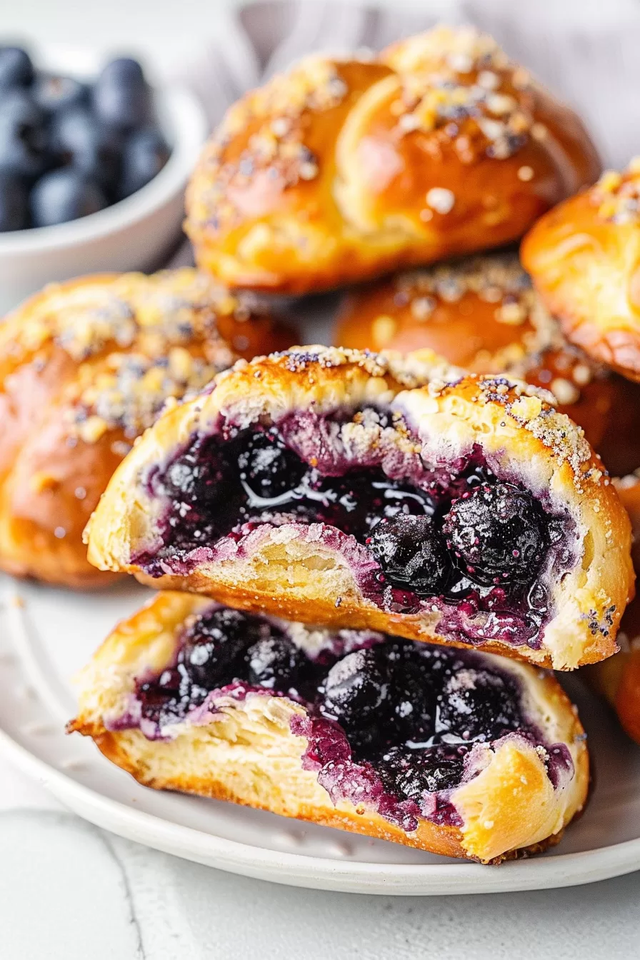 Soft Polish sweet rolls with a bursting blueberry center, cut open to display the vibrant filling, dusted with powdered sugar and oats.