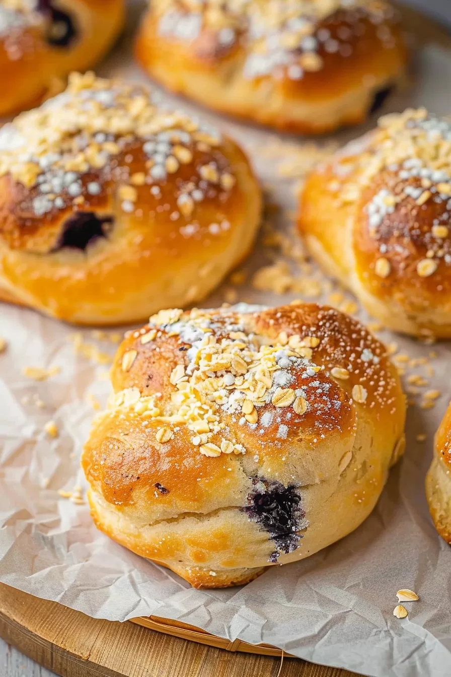 Close-up of a freshly baked Polish Jagodzianki bun torn open, revealing the rich blueberry filling with whole berries and a dusting of sugar on top.