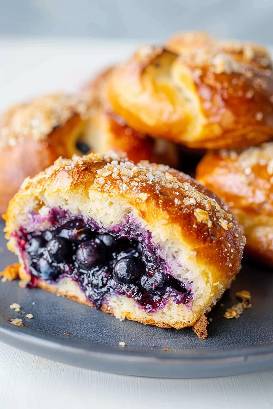 A batch of homemade Polish Jagodzianki buns with a shiny egg wash glaze, generously filled with blueberries and baked to golden perfection.