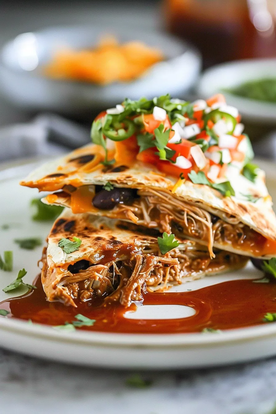 Golden brown pork carnitas quesadillas topped with fresh cilantro, drizzled with sauce, and served with a side of sour cream.