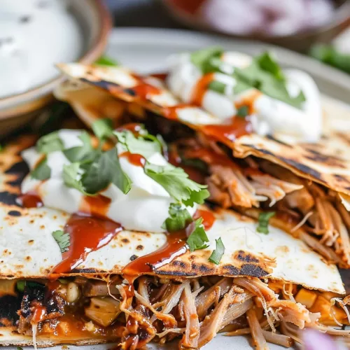 Close-up of pork carnitas quesadillas sliced into wedges, with sauce dripping down the sides and fresh herbs sprinkled on top.